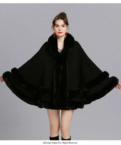 7 Women 2 Circle Fur Poncho Shawl Cloak With Hat Faux Fur Cape Big Pendulum Dovetail Cardigan Winter Warm Thick Loose Overcoat