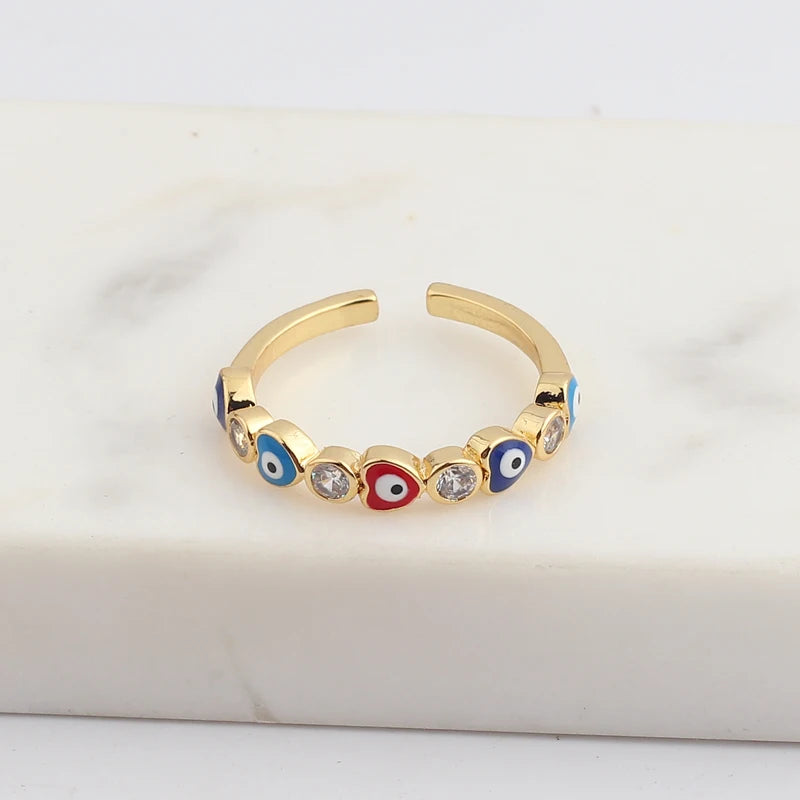 Adjustable Ring with Blue Evil Eye Open Copper Gold Tone Zircon Accent