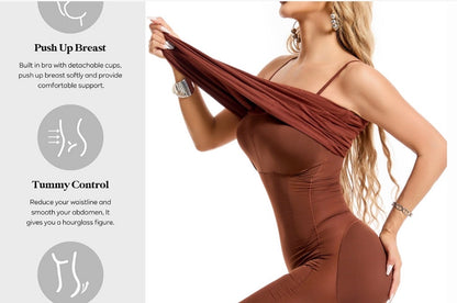 A brown stretchy seamless shapewear dress with a fitted design for everyday comfort.