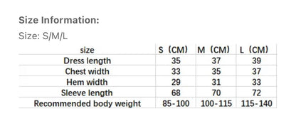 Size information chart with rows for dress length, chest width, hem width, sleeve length, and recommended body weight.