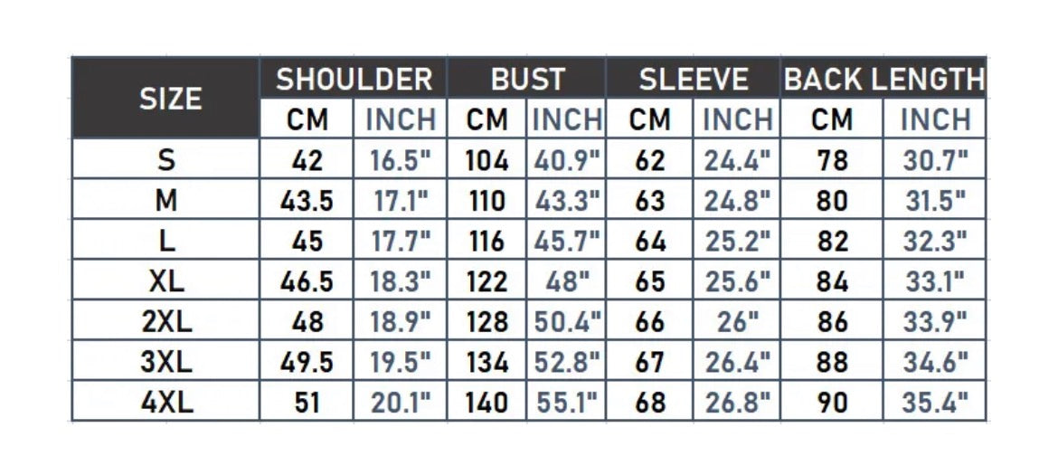 Black sizing chart with white text displaying shoulder, bust, sleeve, and back length measurements in centimeters and inches.