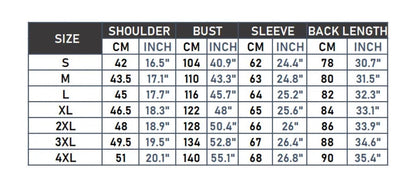 Black sizing chart with white text displaying shoulder, bust, sleeve, and back length measurements in centimeters and inches.