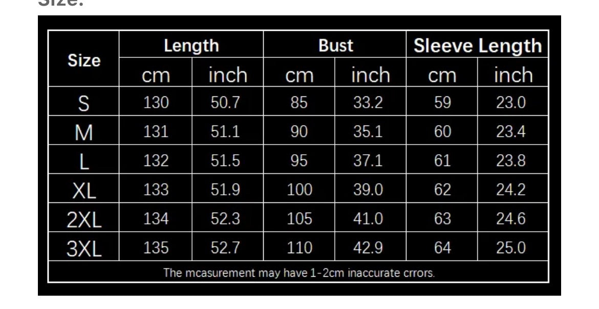 Black sizing chart table with white text showing length, bust, and sleeve measurements in centimeters and inches.
