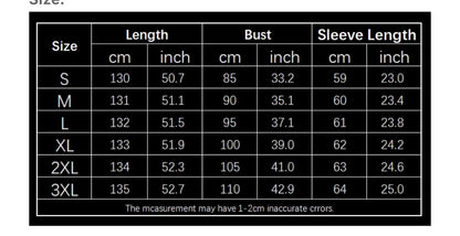 Black sizing chart table with white text showing length, bust, and sleeve measurements in centimeters and inches.