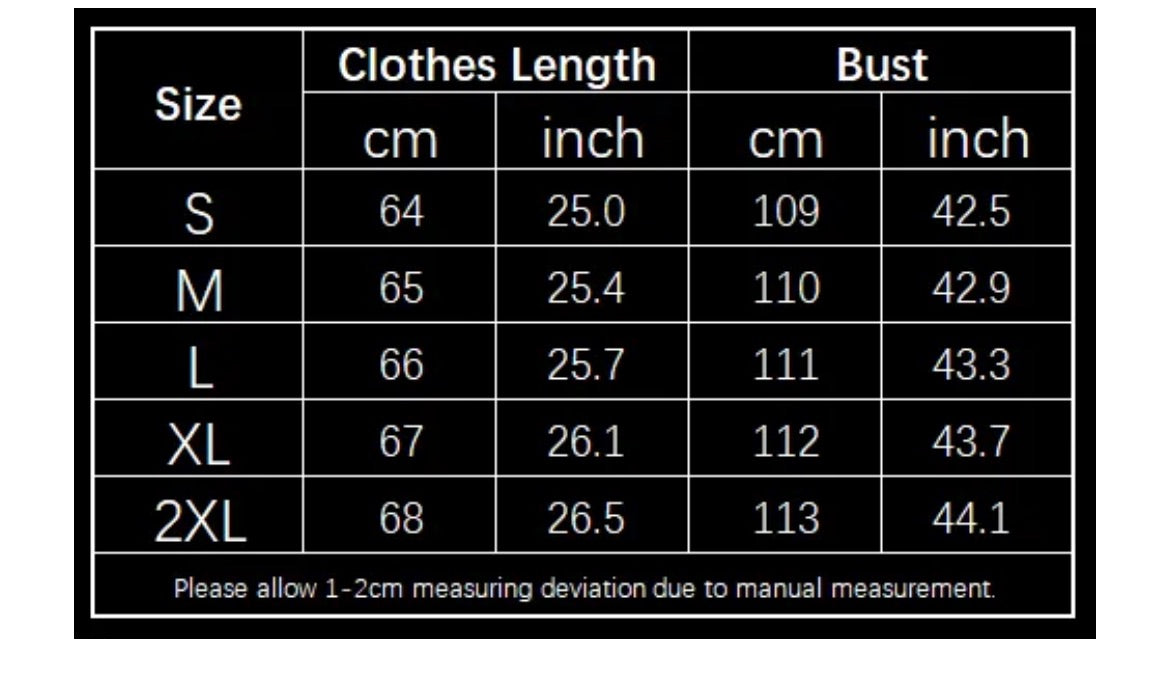 Black apparel sizing chart with white text and grid lines detailing clothes length and bust.