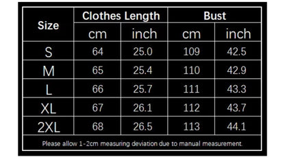 Black apparel sizing chart with white text and grid lines detailing clothes length and bust.