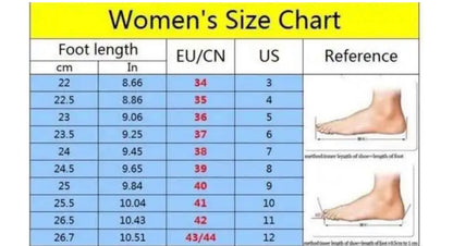Women's size chart table displaying foot length in centimeters and inches alongside EU and US shoe sizes.