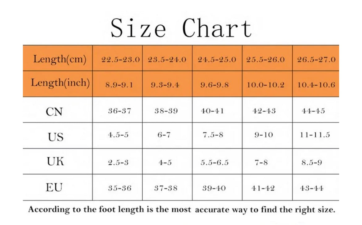 Shoe size chart table with orange header and black text on a white background.
