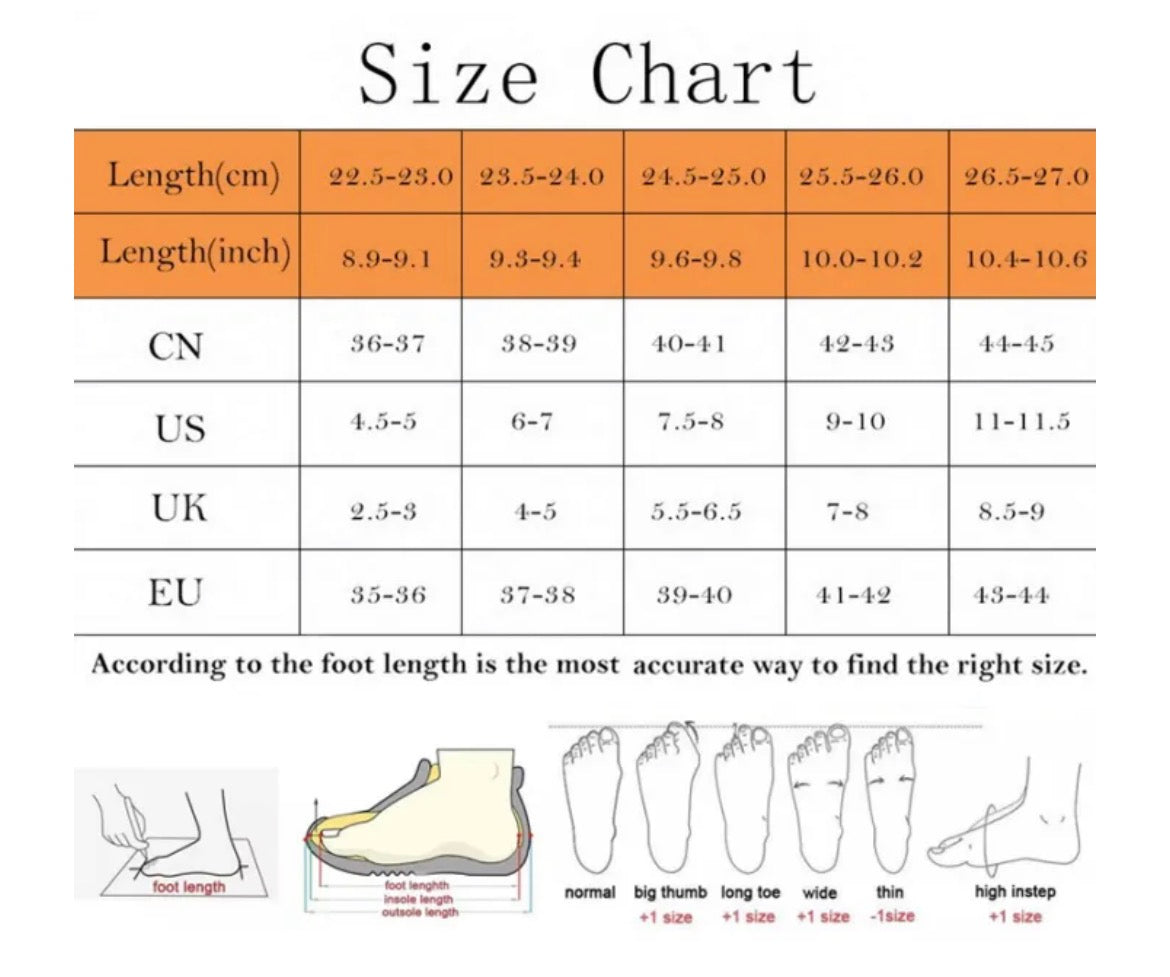 Black and orange footwear size chart with conversion tables and foot measurement guide.