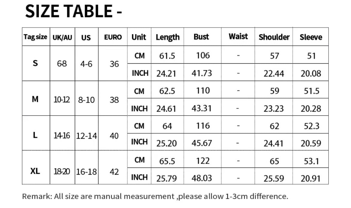 Black and white size chart table with rows and columns for tag size, UK, US, Euro, length, bust, waist, shoulder, sleeve.