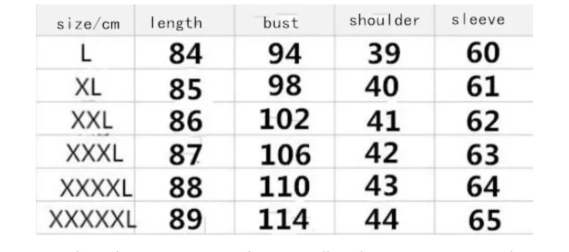 Black text on white grid chart displaying clothing dimensions like length, bust, shoulder, and sleeve.