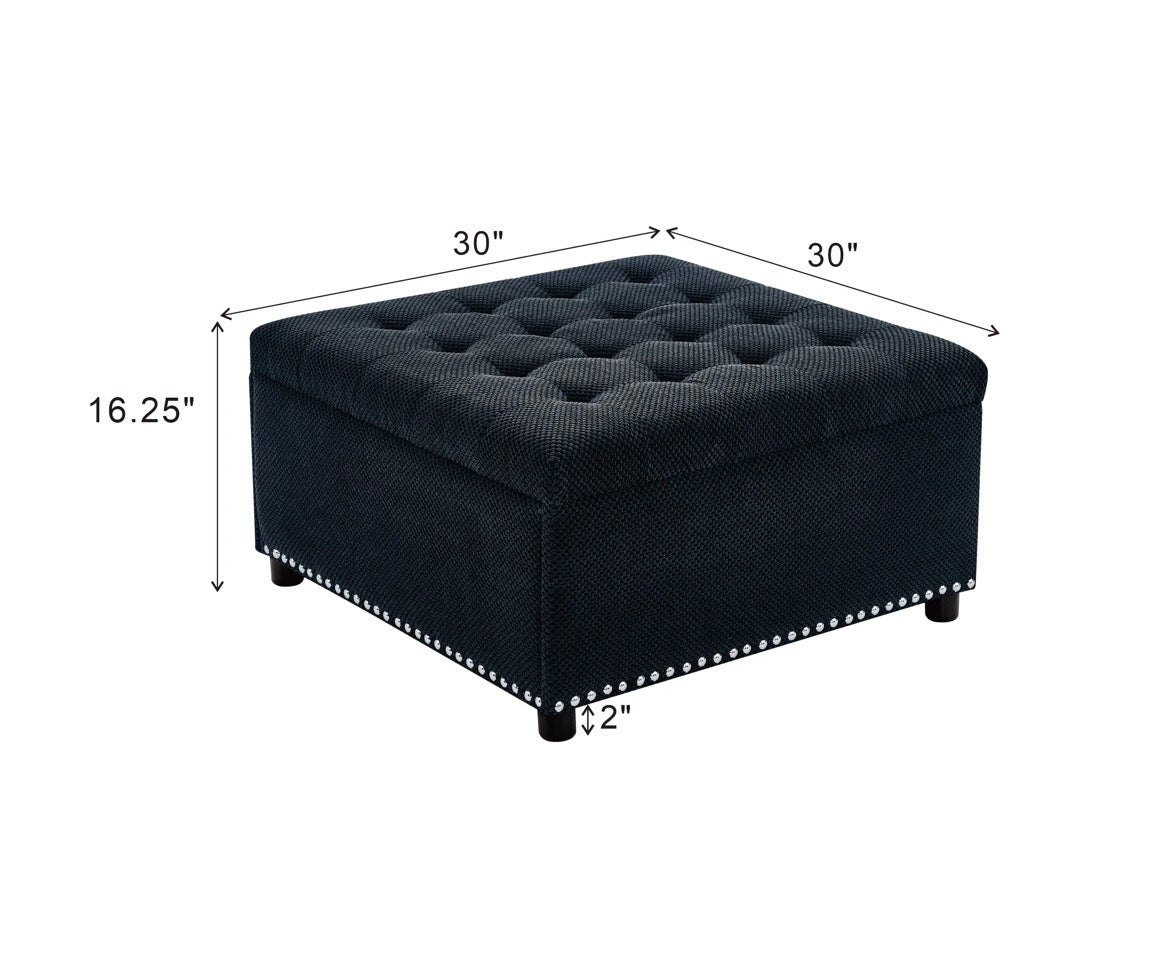 Tufted Square Storage Ottoman with Nailhead Trim showing dimensions of 30 inches wide by 30 inches deep and 16.25 inches high
