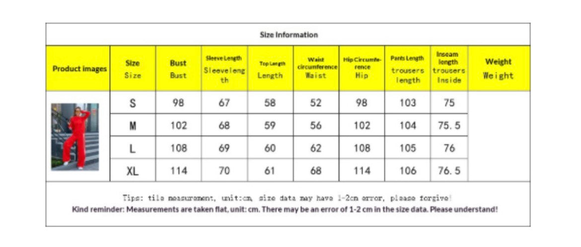 Size chart table for women tracksuit set with measurements in centimeters.