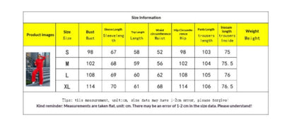 Size chart table for women tracksuit set with measurements in centimeters.