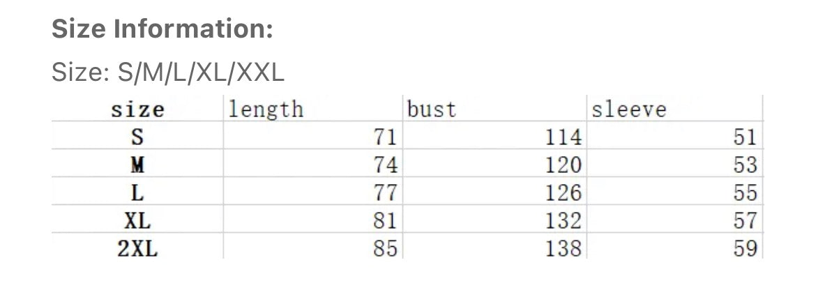 Size chart table showing length, bust, and sleeve measurements for sizes S to 2XL.