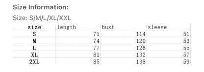 Size chart table showing length, bust, and sleeve measurements for sizes S to 2XL.