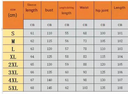 sizing chart table with measurements in centimeters for sizes S to 5XL
