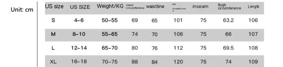 sizing chart table in centimeters with measurements for S to XL