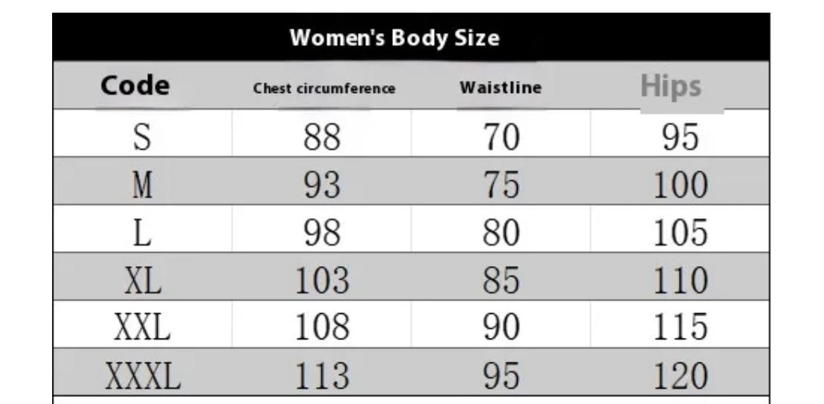 Women s body size chart displaying measurements for chest, waist, and hips across sizes S to XXXL.