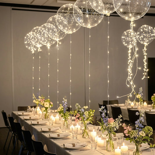 Light Up LED Balloons with String Lights, clear balloons with warm-white LEDs, large party decor setup.
