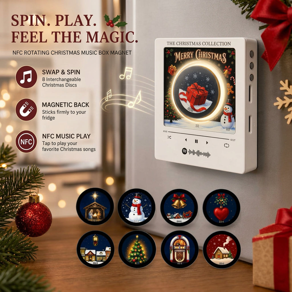 White rotating Christmas music box fridge magnet with light-up display and interchangeable discs.