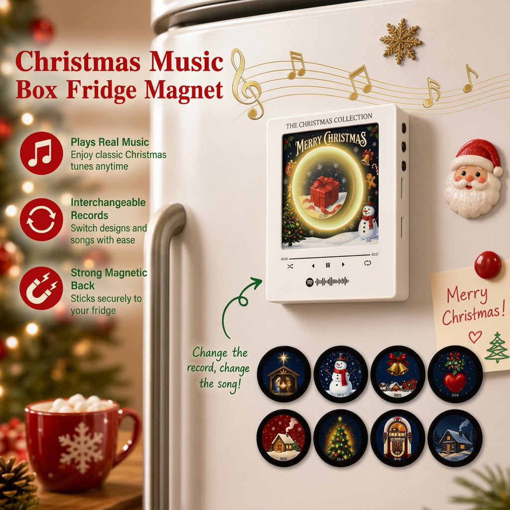 Rotating light-up music box fridge magnet with Christmas display on a white refrigerator.