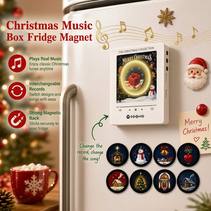 Rotating light-up music box fridge magnet with Christmas display on a white refrigerator.