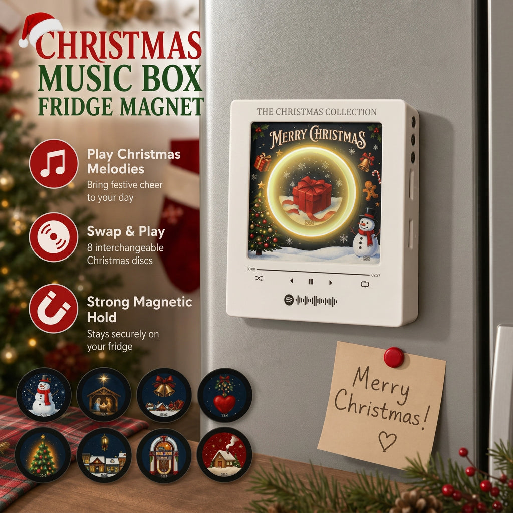 White rotating light-up music box fridge magnet with Merry Christmas display and discs.