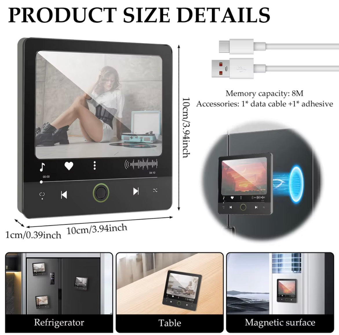 Black compact refrigerator magnet with display screen and USB cable.