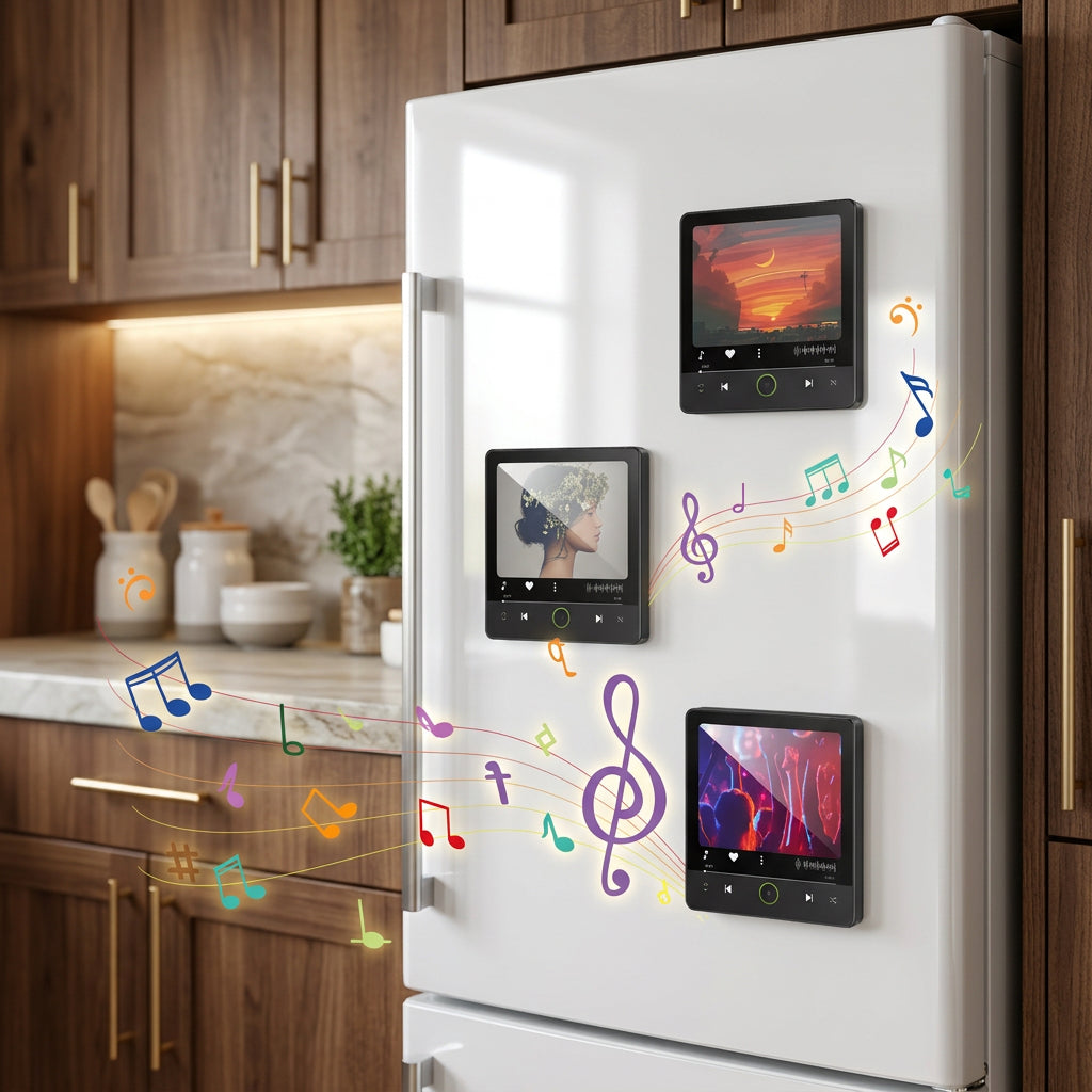 Music player magnets displayed on a stainless steel refrigerator.