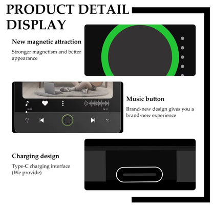 Black fridge magnet with green ring and music button.