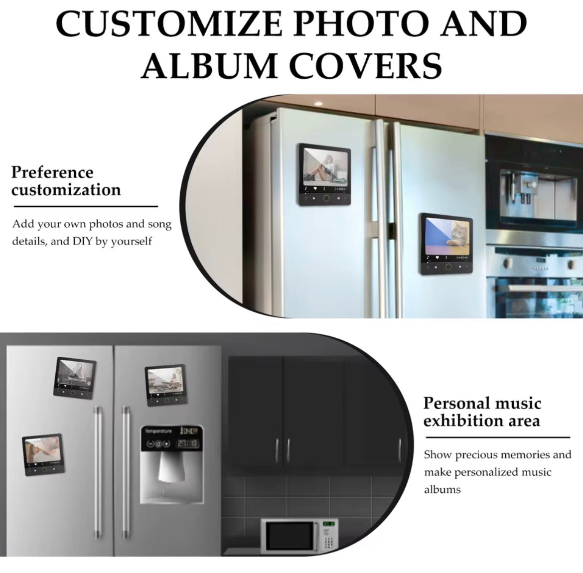 Custom photo magnets on a stainless steel refrigerator.