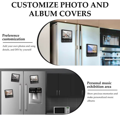 Custom photo magnets on a stainless steel refrigerator.