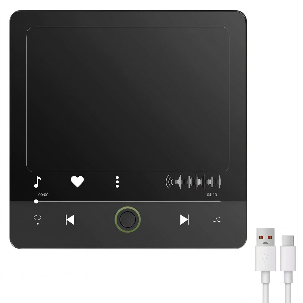 Black square playback device with music controls and USB cable.