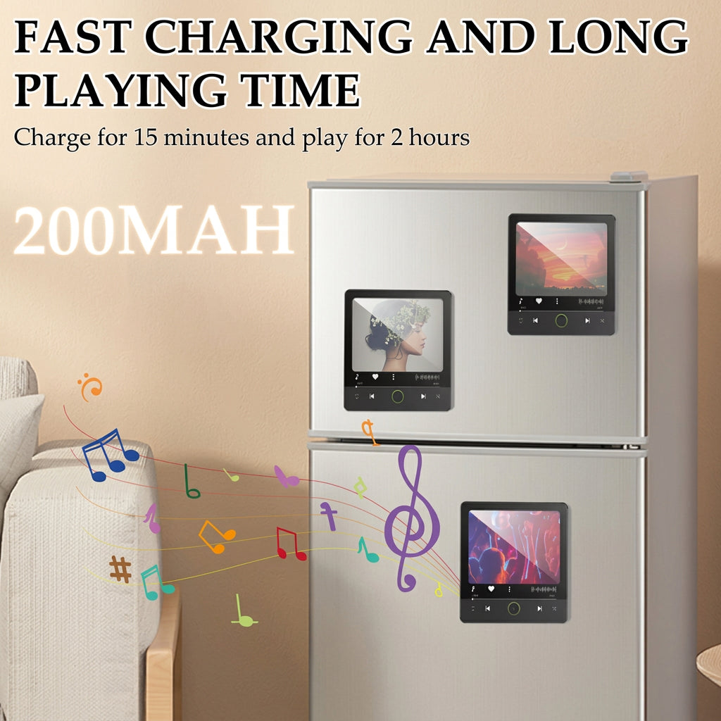 Music player magnet with photo screen and musical notes on a stainless steel refrigerator.