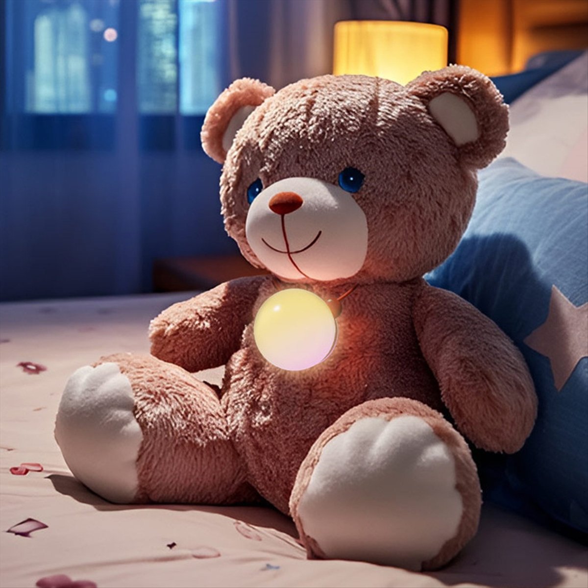 Teddy bear plush with glowing Knowledge Bubble pendant, pink fur, by Merch Gone Viral