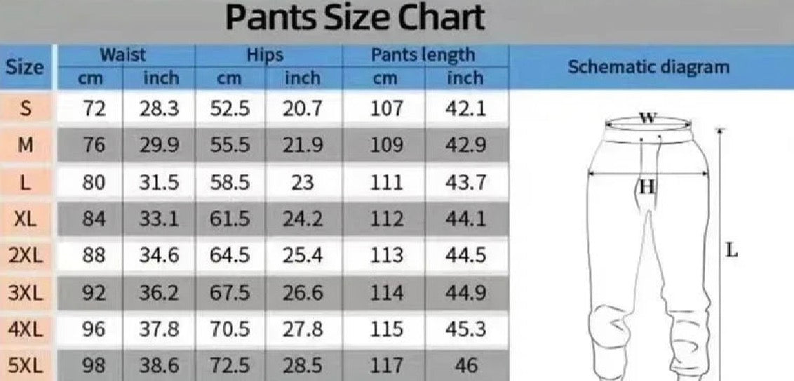 Cotton wide-leg joggers with drawstring waist size chart by Merch Gone Viral; waist, hip, and pants length.
