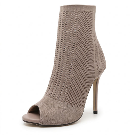 Open-toe suede knit stiletto-heel ankle boots in nude