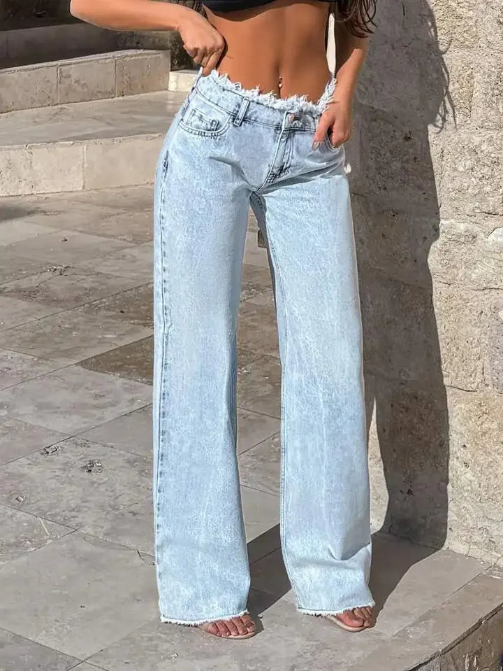 Premium High-Waist Wide-Leg Denim Jeans — Frayed Hem Floor-Length Silhouette