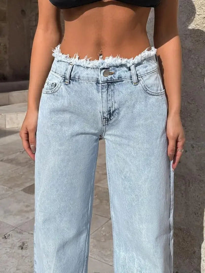 Premium High-Waist Wide-Leg Denim Jeans — Frayed Hem Floor-Length Silhouette
