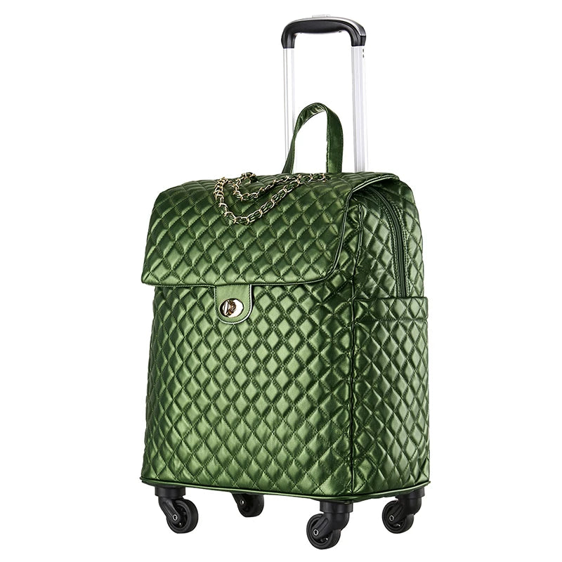 Olive green quilted PU leather rolling luggage with gold chain detail, twist lock, and extendable handle.