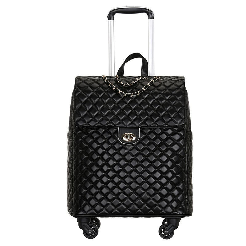 Black quilted PU leather rolling cabin trolley with gold chain accent, turn-lock closure, and telescoping handle.
