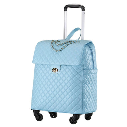 Light blue quilted PU leather rolling luggage with flap top, chain accent, twist lock, and telescoping handle.