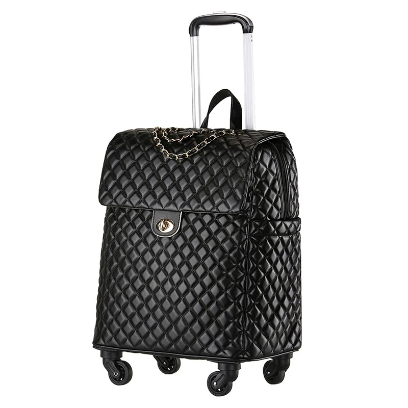 Black quilted PU leather rolling luggage with gold chain detail, twist lock, and telescoping handle.