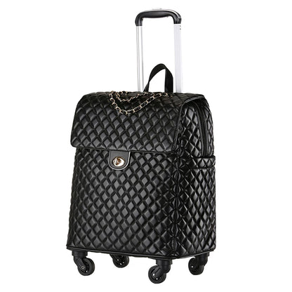 Black quilted PU leather rolling luggage with gold chain detail, twist lock, and telescoping handle.