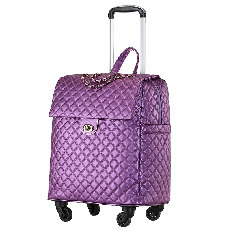 Purple quilted PU leather rolling luggage with a retractable handle, front flap, twist lock, and four wheels.