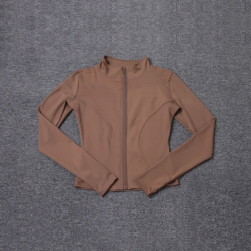 Brown long-sleeve polyester fitted sport jacket with a mock neck for gym training and yoga.