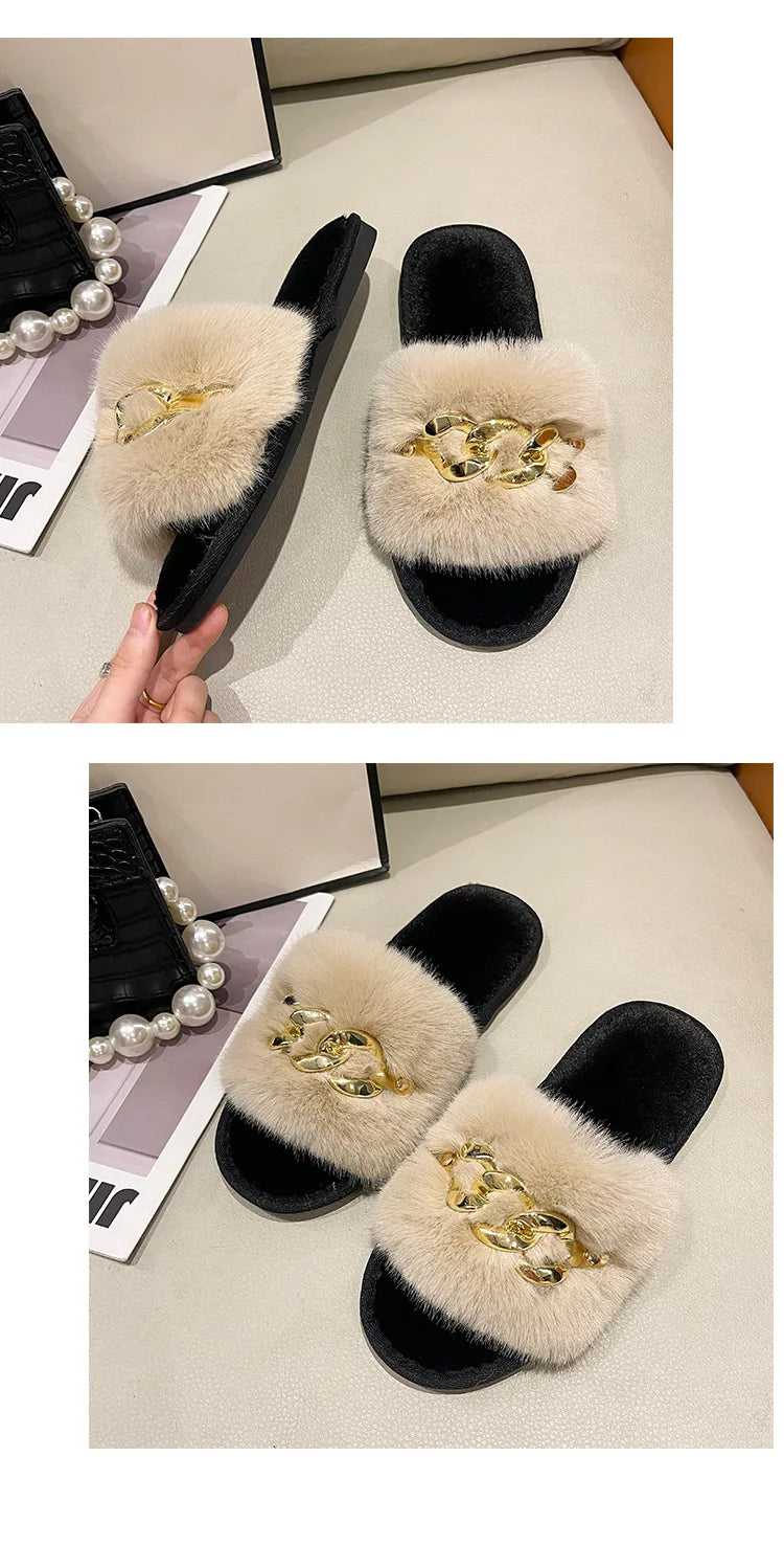 Plush Slippers for Women with Chain Detail and Cushioned Sole