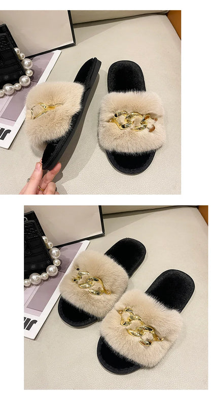 Plush Slippers for Women with Chain Detail and Cushioned Sole