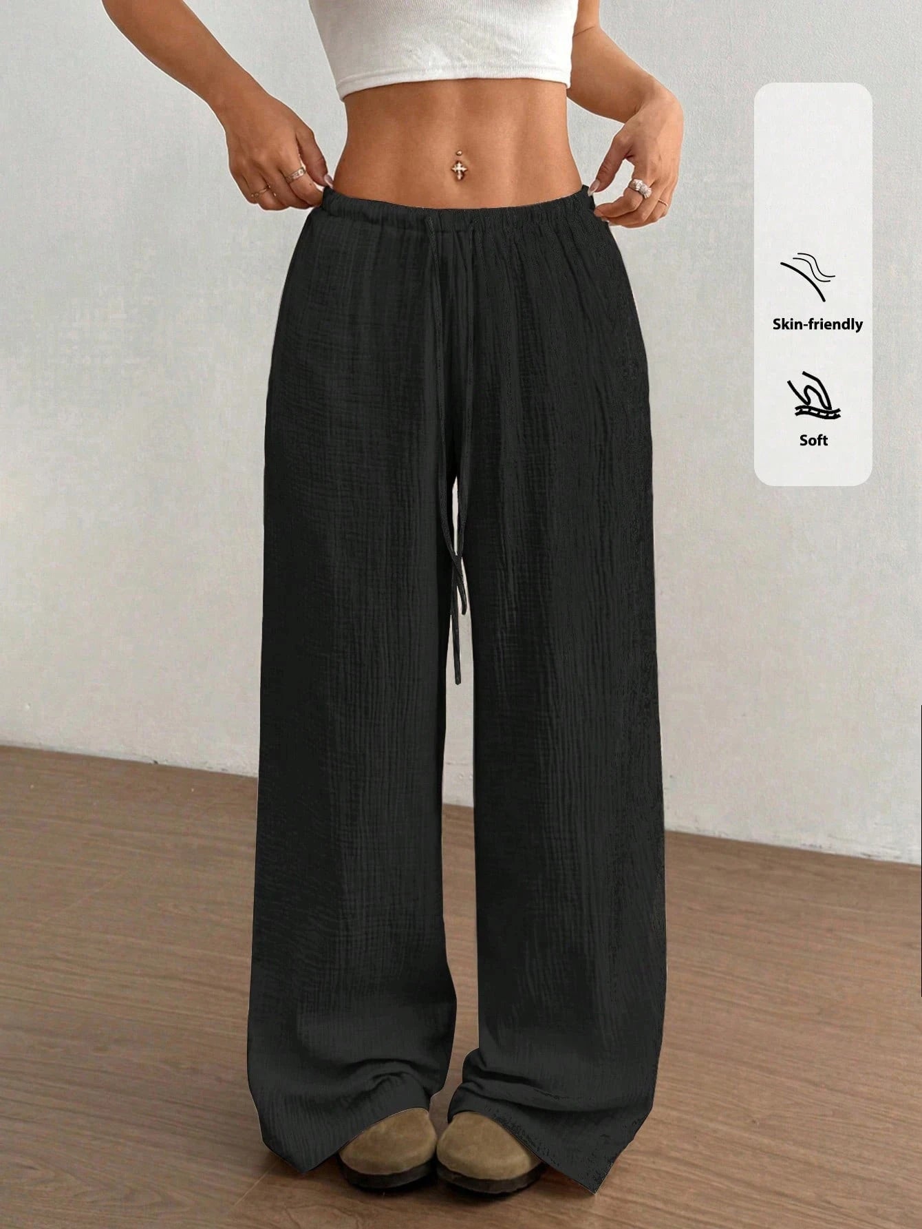 Women's Polyester Blend Pants With Low Rise And Floor-Length Wide Leg Featuring Elastane For Stretch